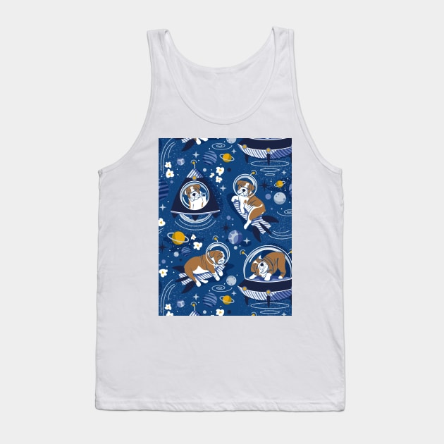 Intergalactic doggie dreams // pattern // classic blue background white and bronze English Bulldogs goldenrod yellow denim and pastel blue planets and space ships Tank Top by SelmaCardoso